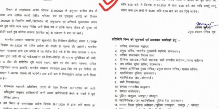 1 लाख से अधिक आबादी वाले सभी नगरों में 31 दिसम्बर को लागू होगा नाइट कर्फ्यू