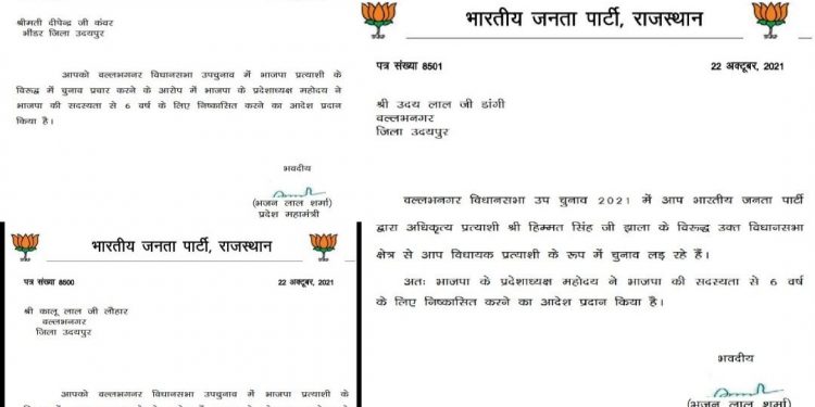 वल्लभनगर उपचुनाव : दीपेंद्र कुंवर, उदयलाल डांगी सहित तीन लोग 6 साल के लिए भाजपा से निष्कासित