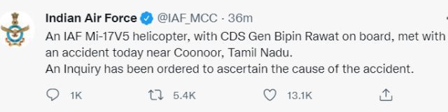 Army helicopter carrying Chief of Defence Staff General Bipin Rawat crashes in Tamil Nadu