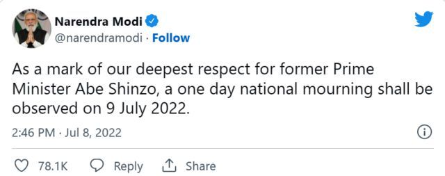 Modi declares one day national mourning as former Japanese PM Shinzo Abe passes away