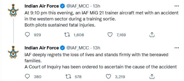 two iaf pilots killed in mig 21 aircraft crashes in barmer rajasthan
