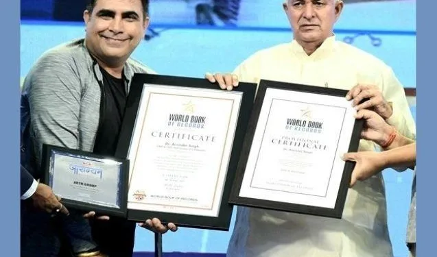 Arth group ceo Dr Arvinder Singh honored by Health Minister for his double world record