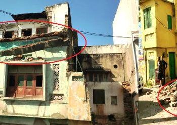 Badgaon road weak part of a three-storey dilapidated house fell on the main road