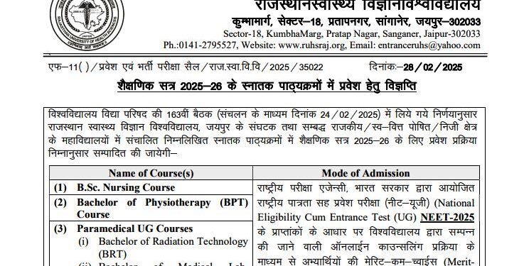 RUHS Order to neet ug compulsory for bsc nursing, BPT and paramedical lab technology and BRT courses in rajasthan