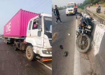 accident in Udaipur container truck hits bike father and daughter died near dabok airport