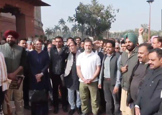 Opposition MPs protest in the Lok Sabha premises