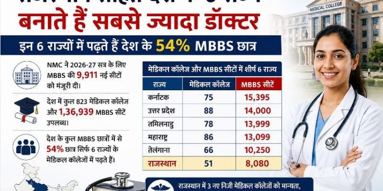 Rajasthan Top 6 states most MBBS Seats India AY 2026-27
