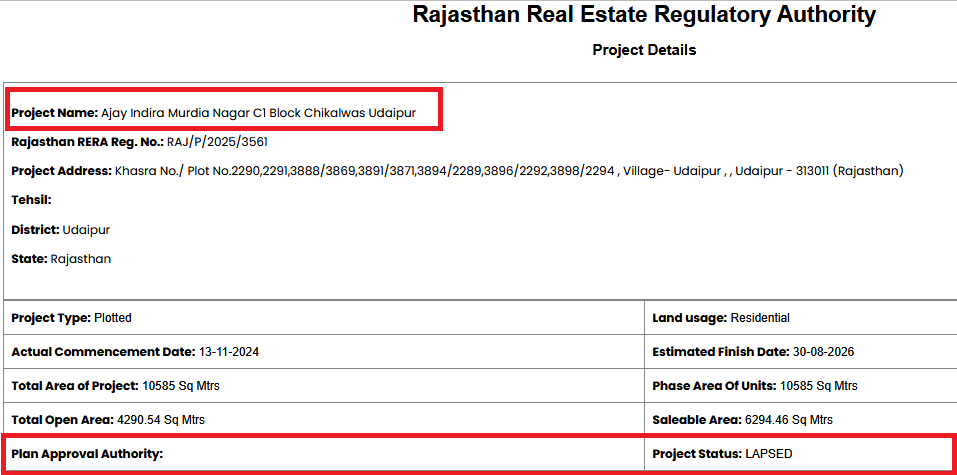 rajasthan-rera-lapsed-projects-udaipur-ajay-indira-murdia-nagar-chikalwas udaipur